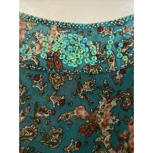 LANE BRYANT Size 24W Teal Pink Floral Tiered BOHO Tank Top Blouse Beaded Fairy - Picture 4 of 13